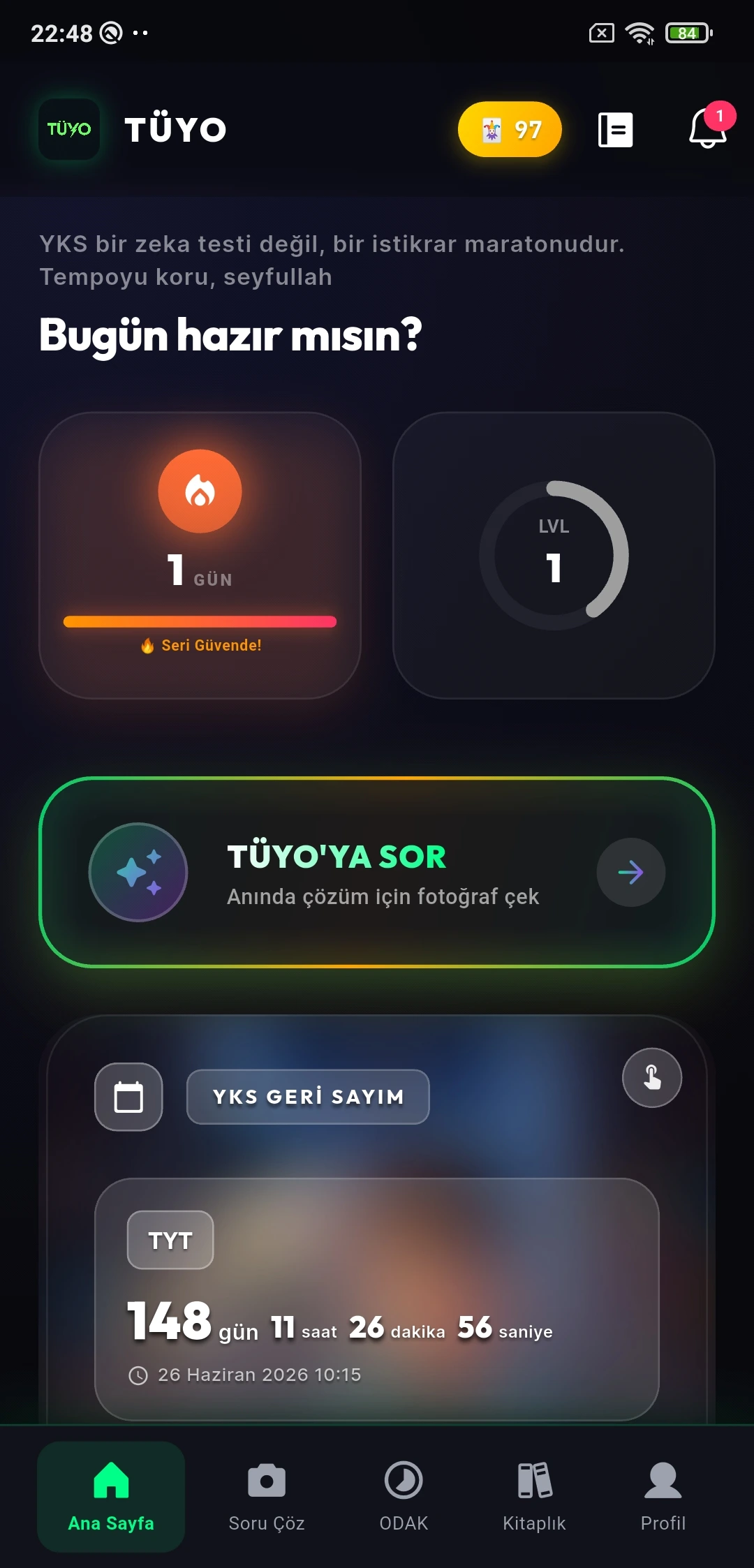 TÜYO LGS ve YKS öğrencileri için anasayfa çalışma kokpiti ekranı