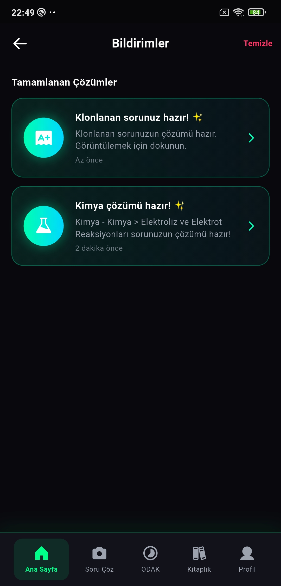 TÜYO çözüm hazır bildirimleri ve çalışma hatırlatmaları bildirim kutusu ekranı