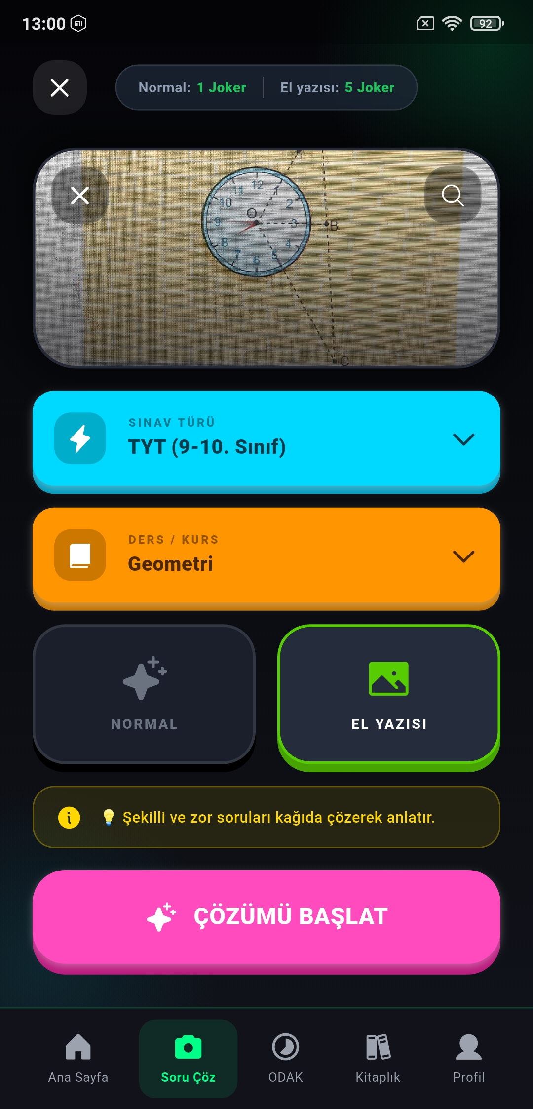 TÜYO el yazısı çözümü için sınav türü seçim ekranı