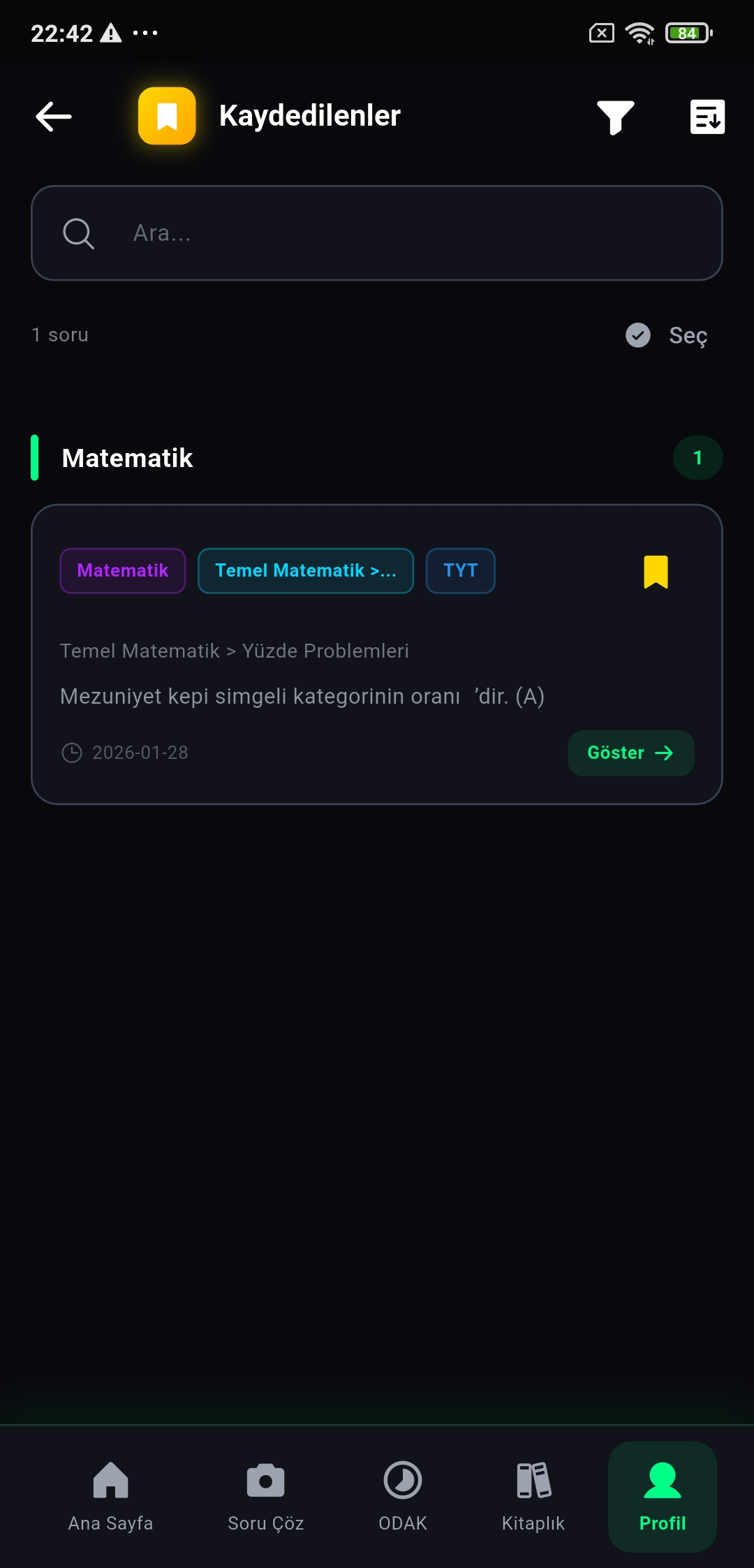 TÜYO kaydedilen sorular ve notlar listesi, favori içerikler ekranı