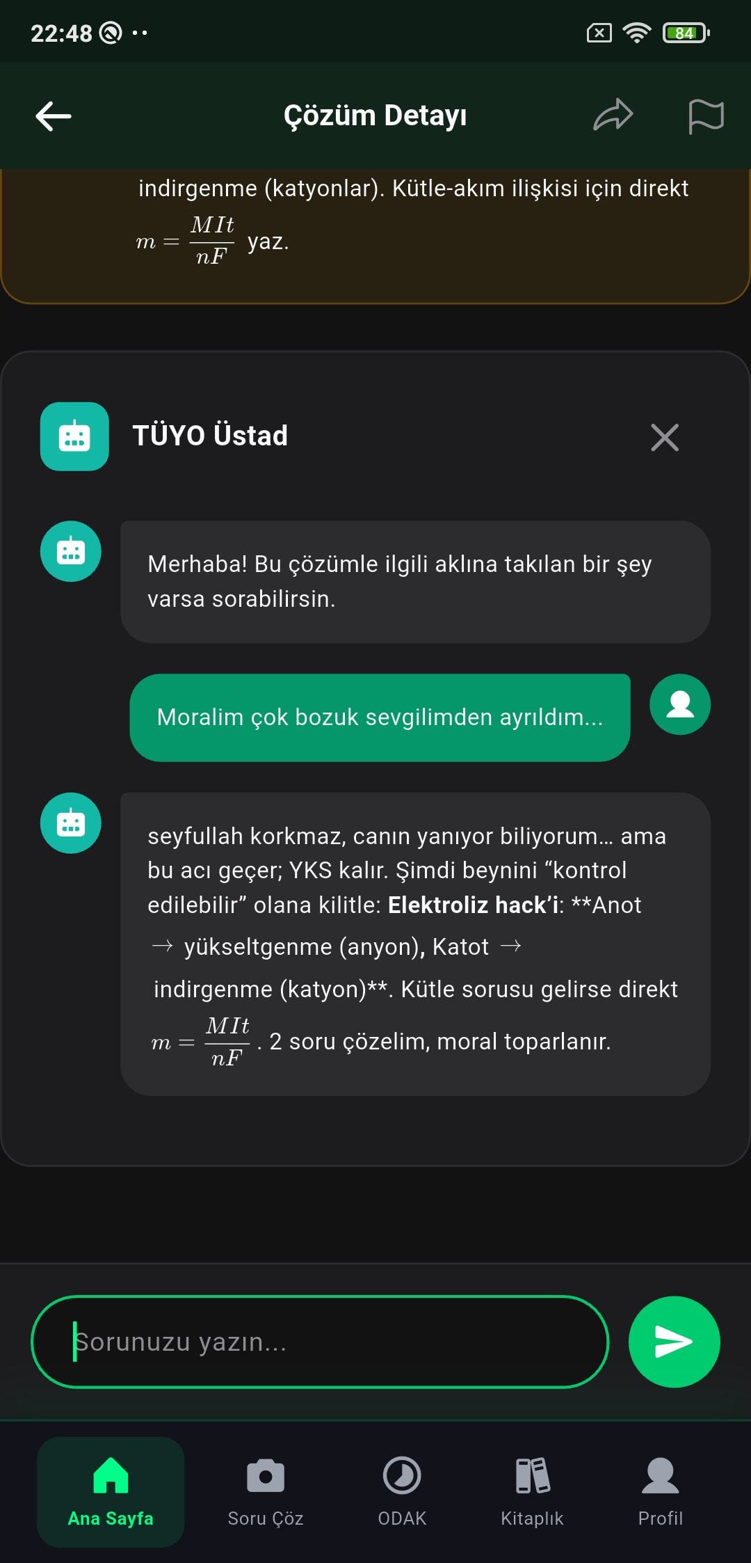TÜYO çözüm sonrası anlamadığın yerleri sorabildiğin kişisel AI chatbot ekranı