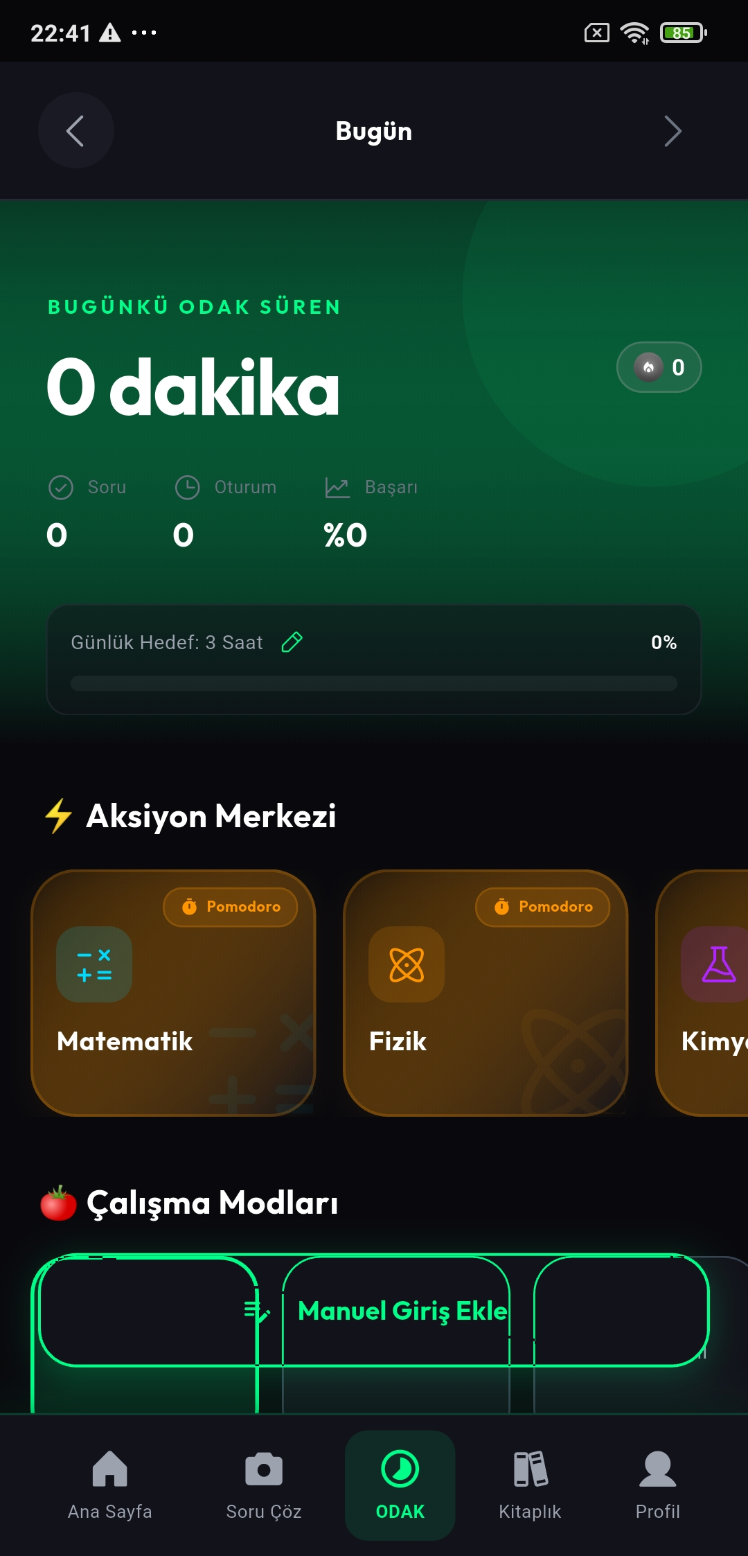 TÜYO genel odak çalışma ekranı, ders seçimi ve süre takibi