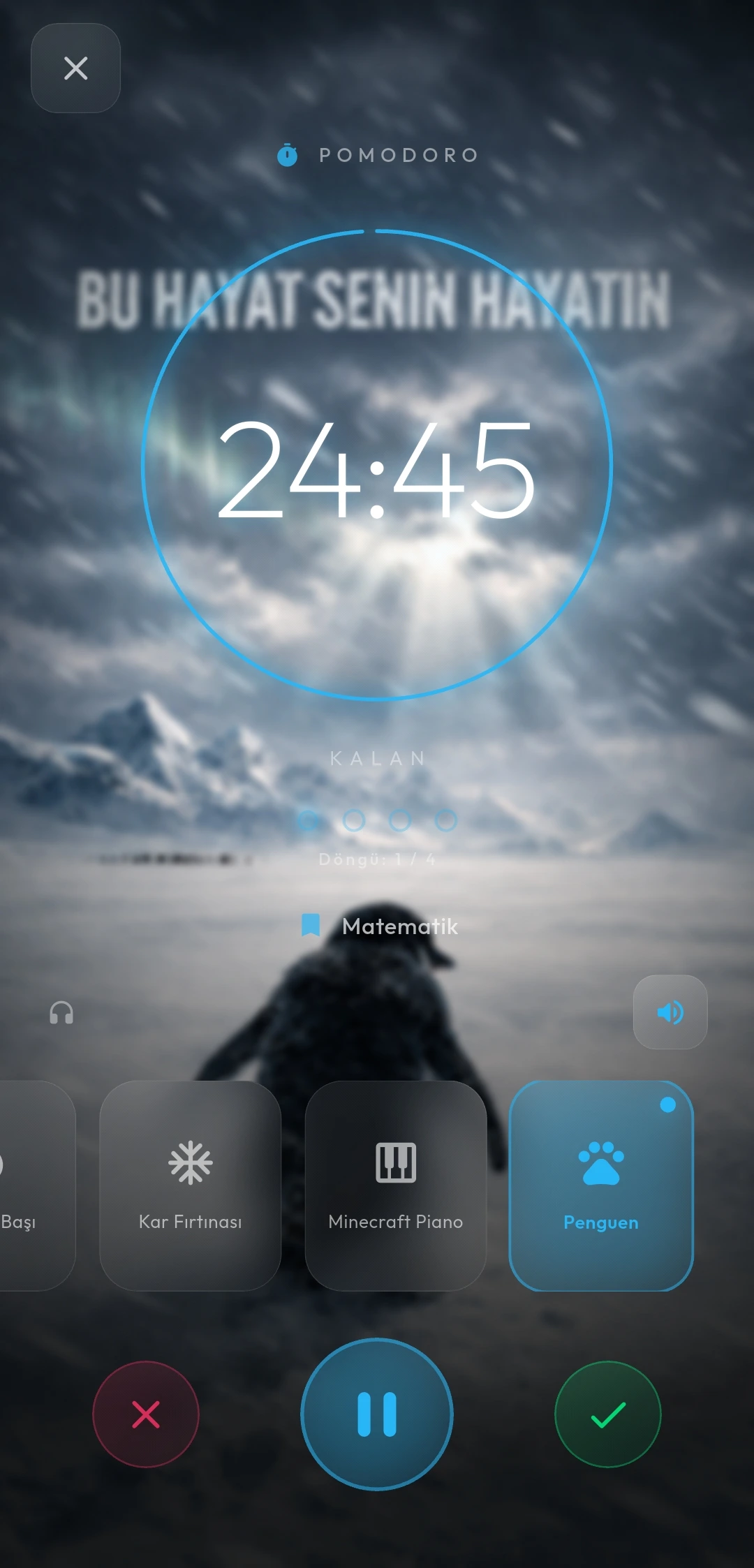 TÜYO pomodoro odak modu zamanlayıcı ekranı, çalışma ve mola periyotları