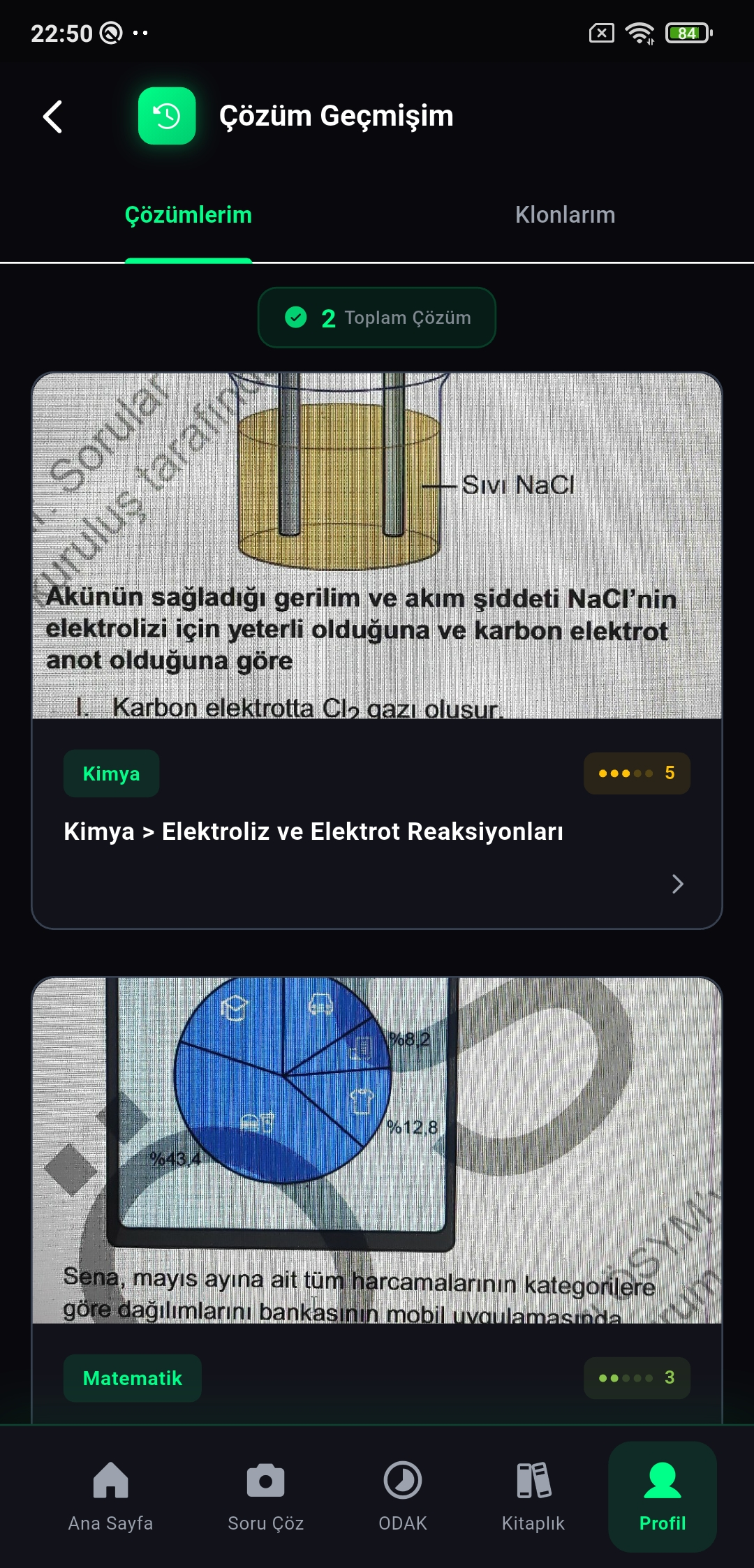 TÜYO kullanıcısının daha önce çözdürdüğü tüm orijinal soruların çözüm geçmişi ekranı