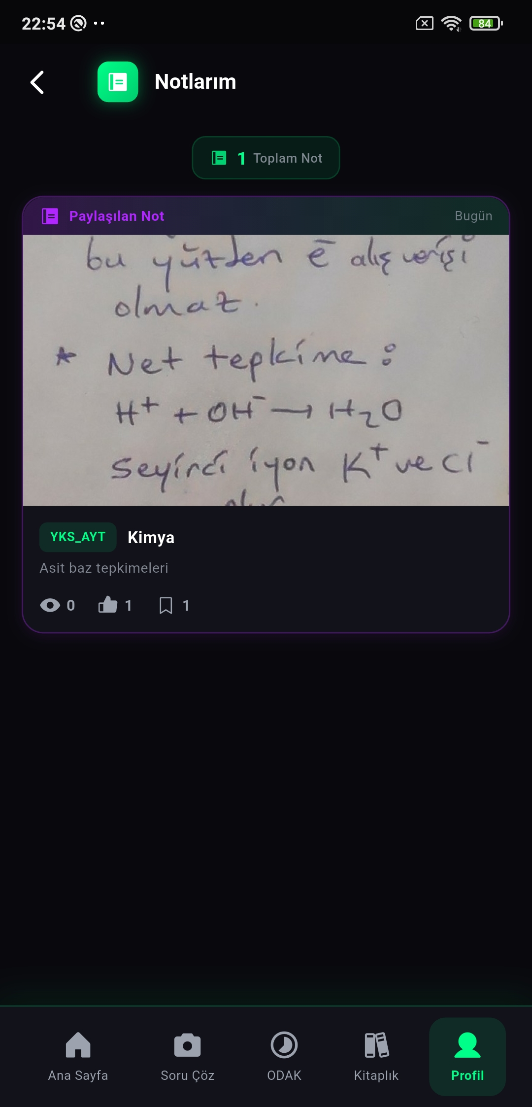 TÜYO üzerinde kullanıcının paylaştığı notlar ve içerikler listesi