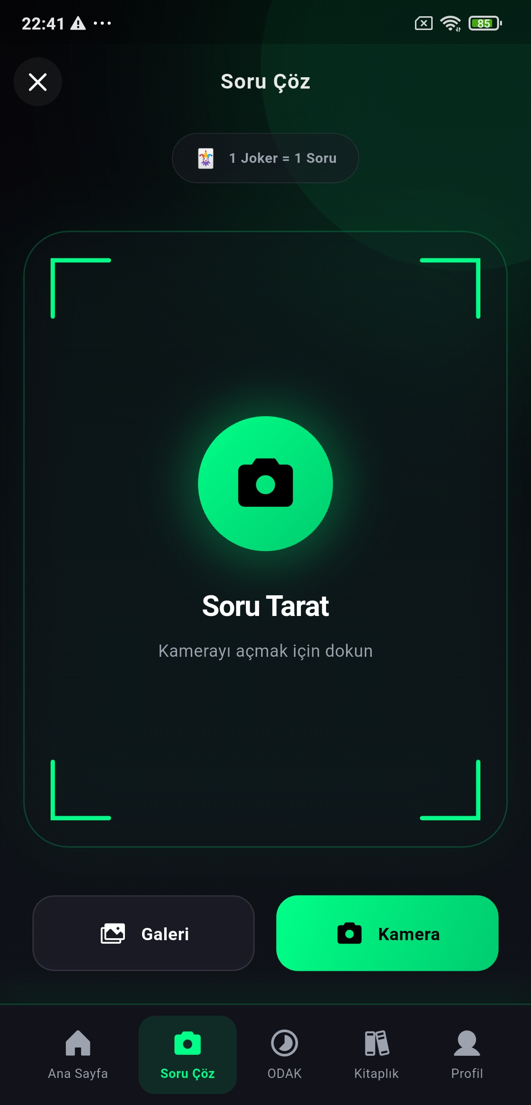 TÜYO soru çöz giriş ekranı, kamera ve galeri seçimi ile soru yükleme