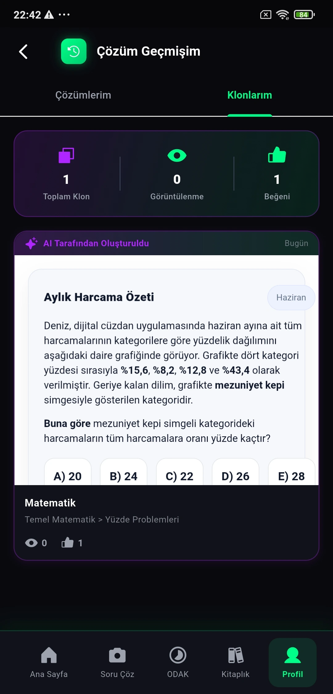 TÜYO içinde tüm soru çözüm geçmişini görebileceğin detay ekran